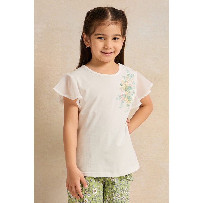 Girls Ivory 3D Floral Embellished Flutter Sleeve  T-shirt