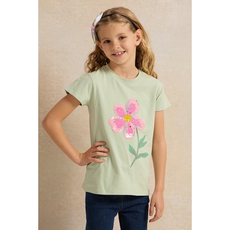 Girls Mint Flower Embellished T-Shirt