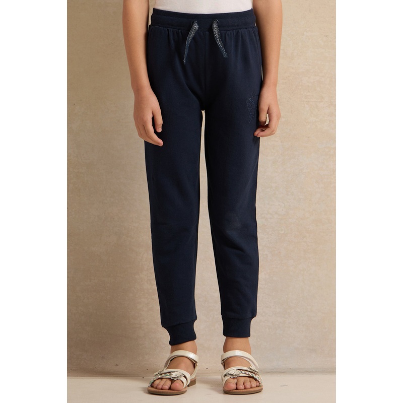 Girls Navy Basic Embroidered Track Pants