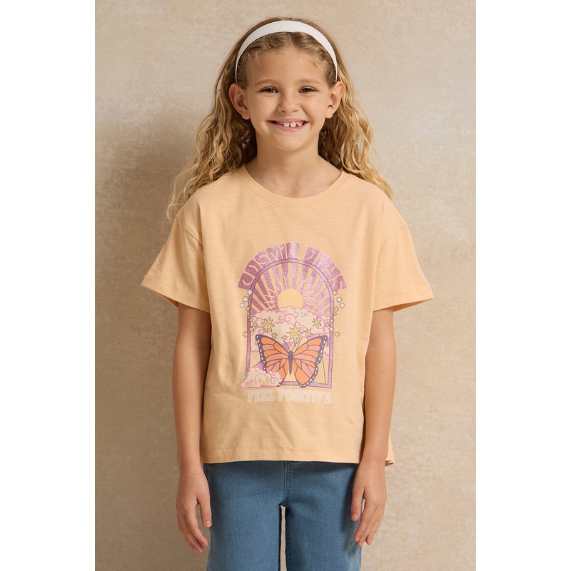 Girls Orange Embellished T Shirt