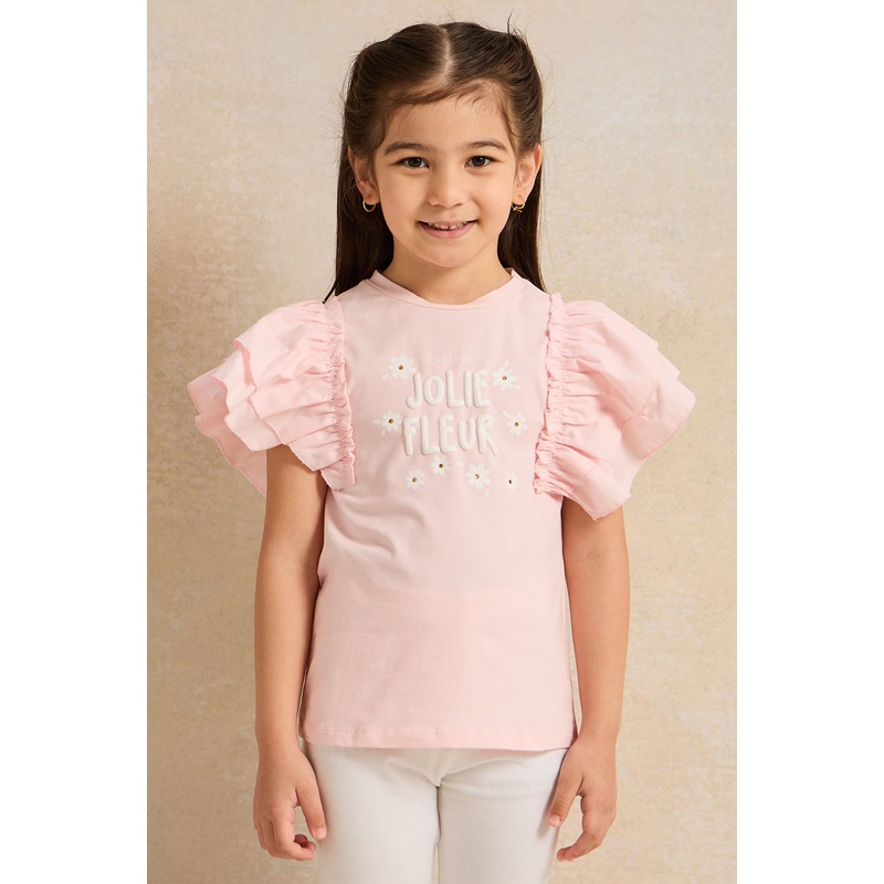 Girls Pink Embellished  Frill Sleeve Top