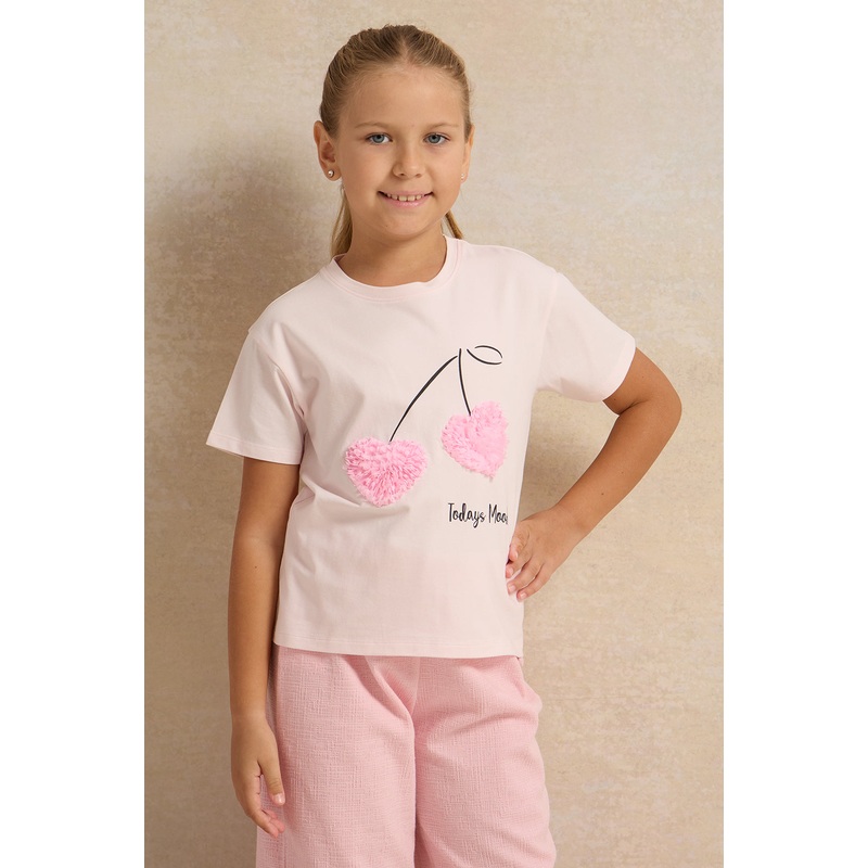 Girls Pink Heart Cherry Embellished T-Shirt