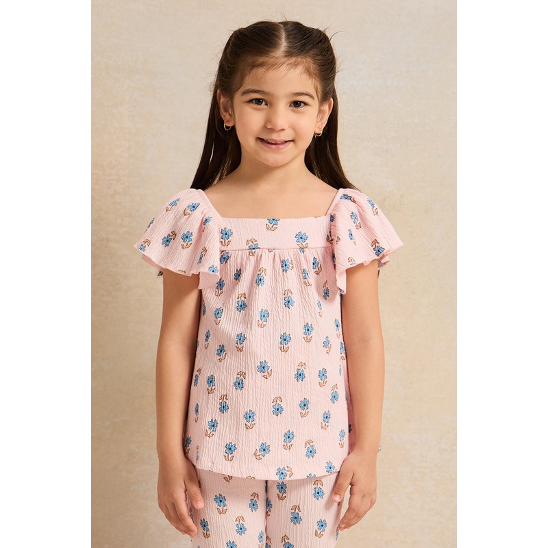 Girls Pink  Printed Jacquard Top With Frills