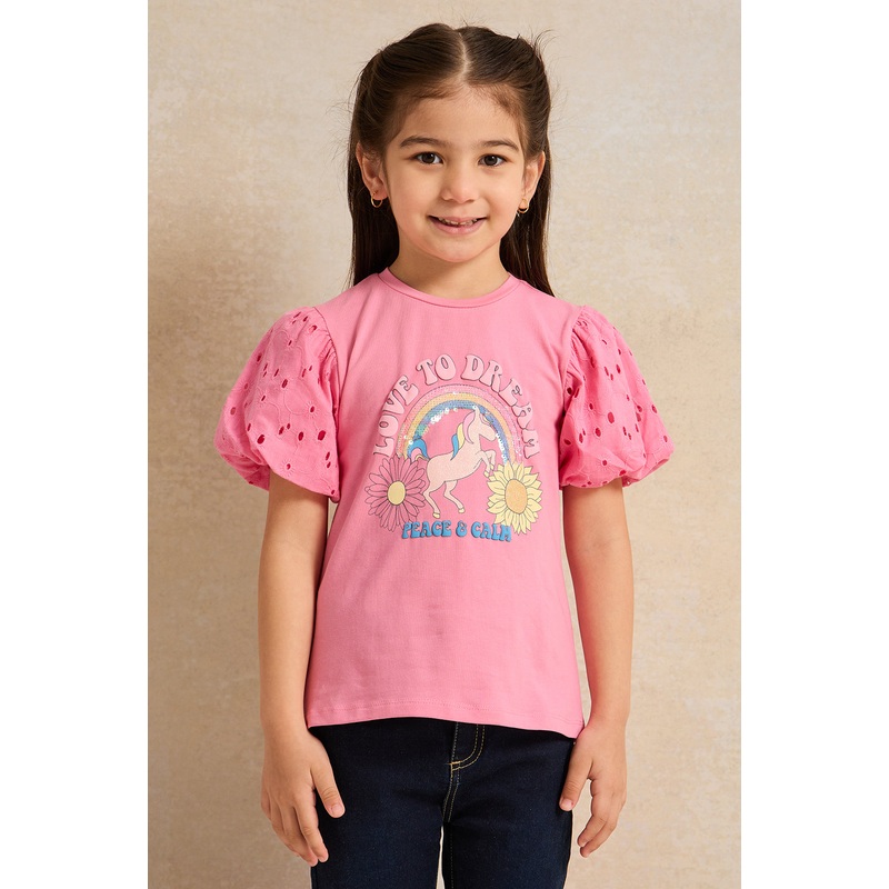 Girls Pink  Printed Schiffli Frill Top