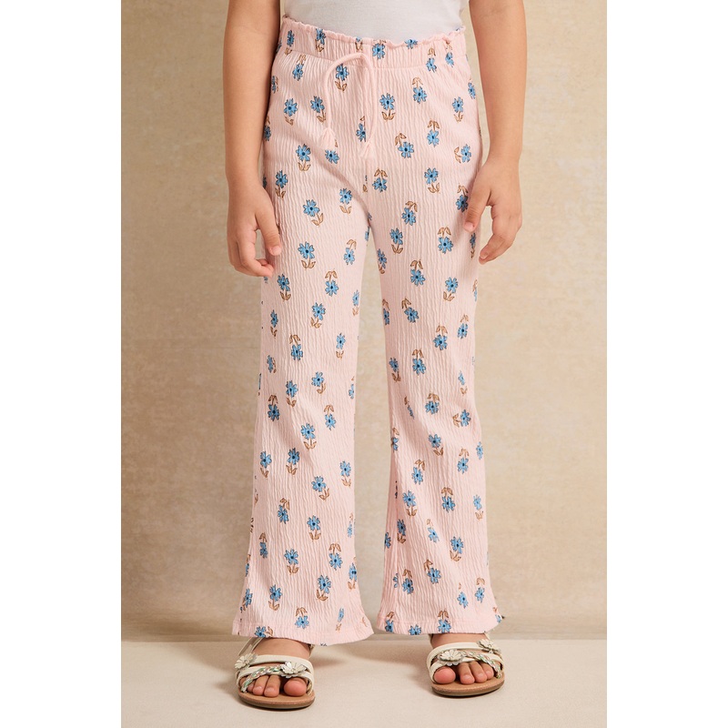 Girls Pink Printed Wide Leg Pants