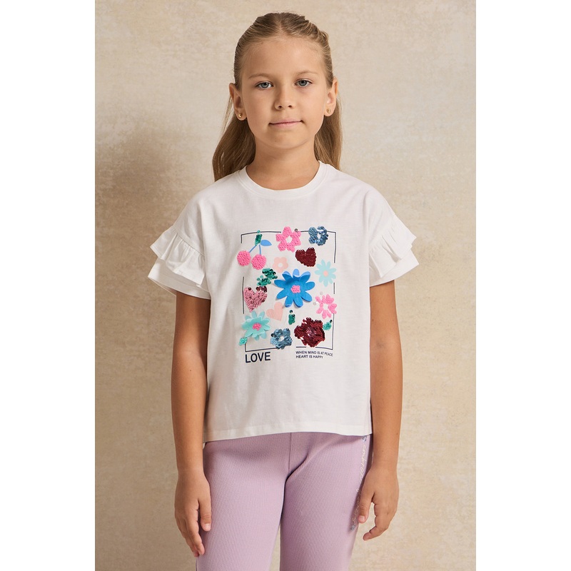 Girls White Embellished Short Sleeve T-Shirt