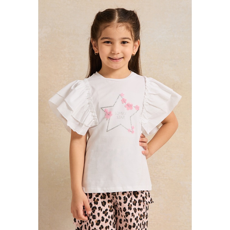 Girls White Embellished Top With Frill