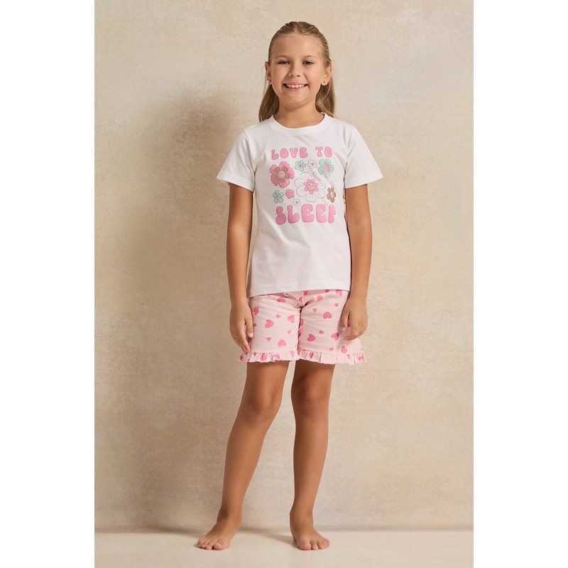 Girls White Printed Pyjama Set (2 Piece)