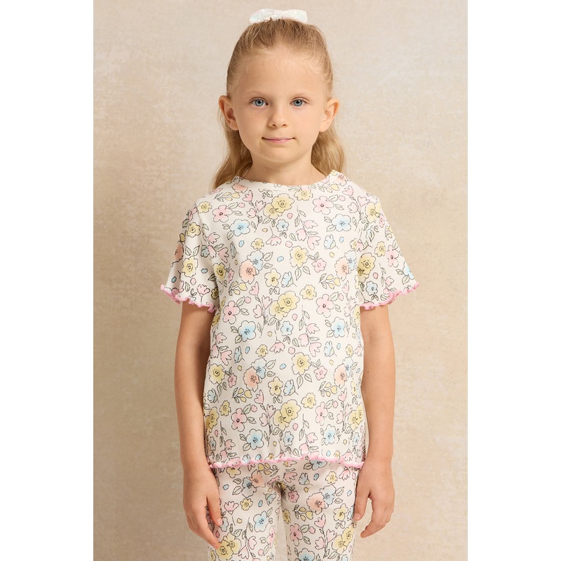 Girls White Printed Short Sleeve T-Shirt