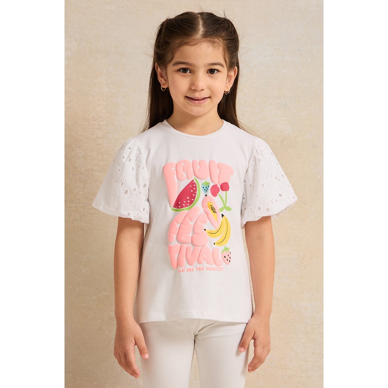 Girls White Schiffli Frill Printed Top