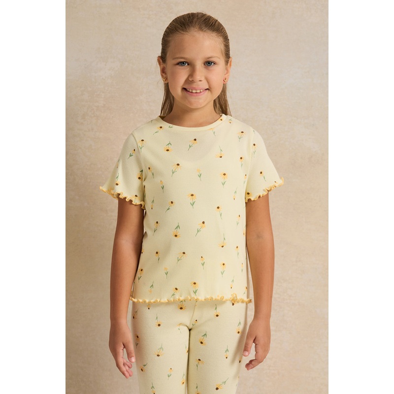 Girls Yellow Printed Short Sleeve T-Shirt