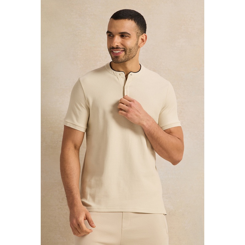 Men Beige Mandarin Collar T-Shirt