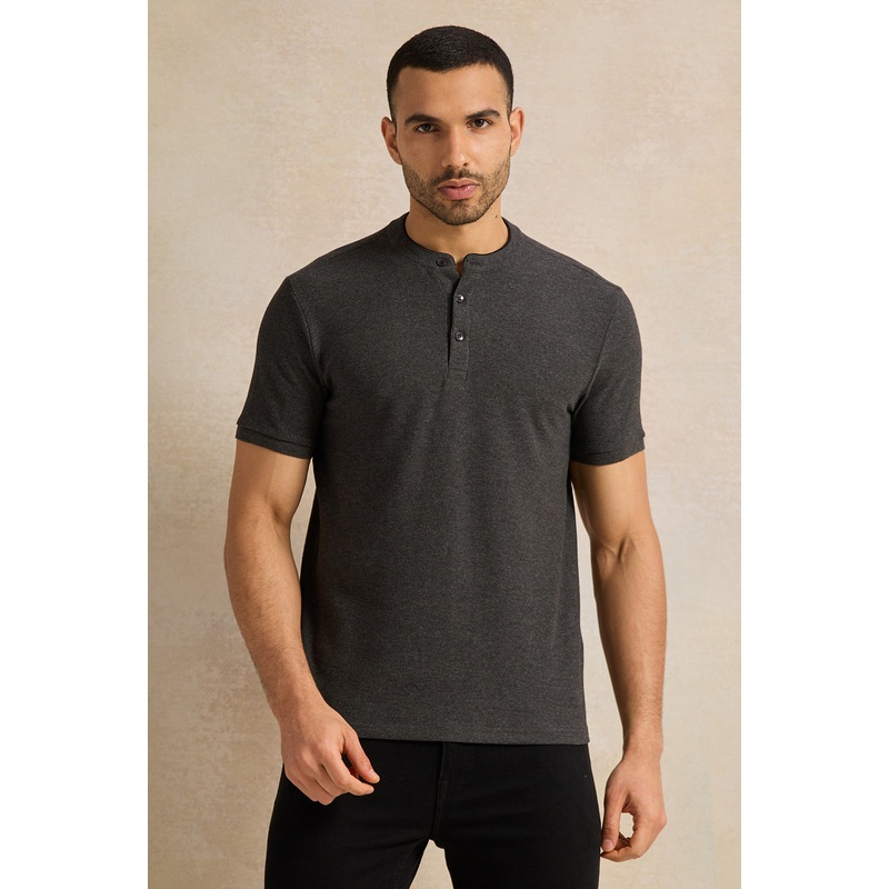 Men Charcoal Mandarin Collar T-Shirt
