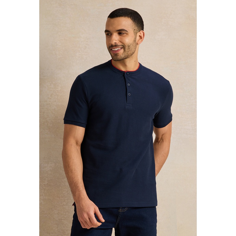 Men Navy Mandarin Collar T-Shirt