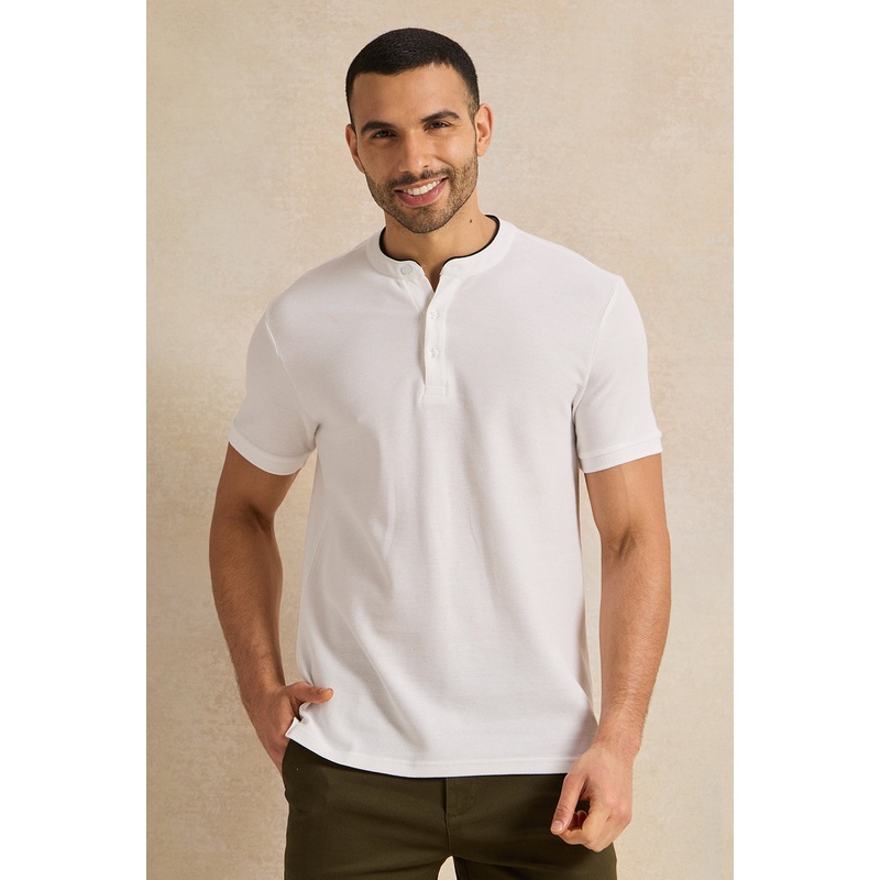 Men White Mandarin Collar T-Shirt