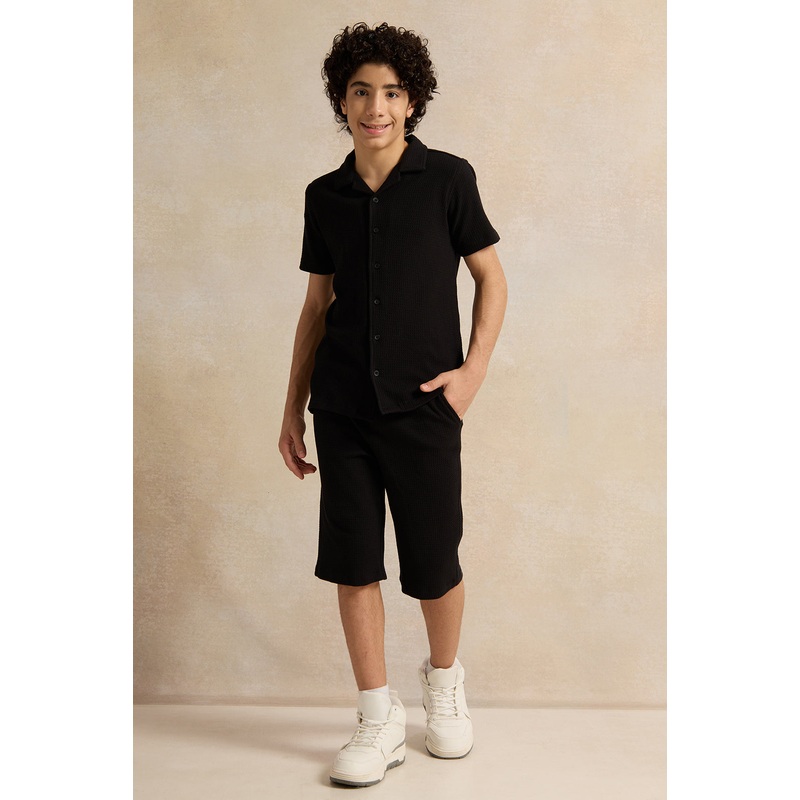Senior Boys Black Collared Jacquard Casual Set (2 Piece)