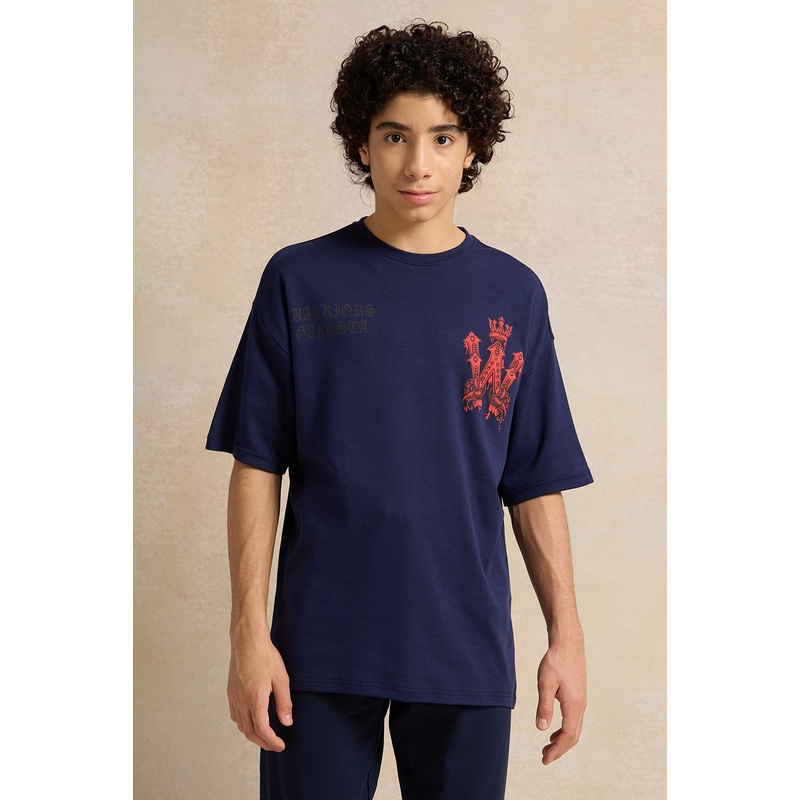 Senior Boys Navy W Warriors  Printed Oversize T-shirt