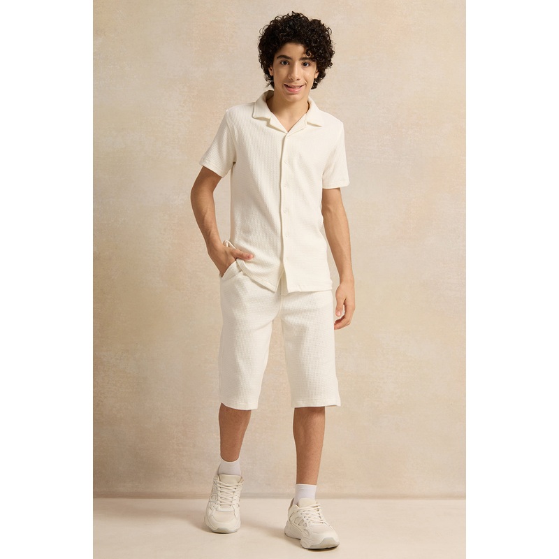 Senior Boys White Collared Jacquard Casual Set (2 Piece)