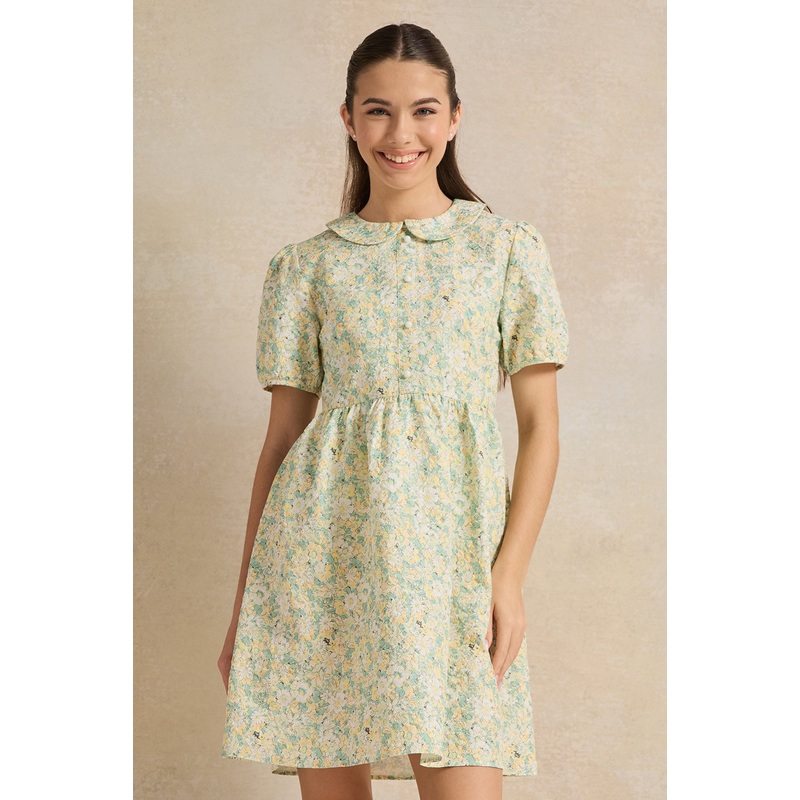 Senior Girls Multicolour Printed Dobby Peter Pan Collar Dress