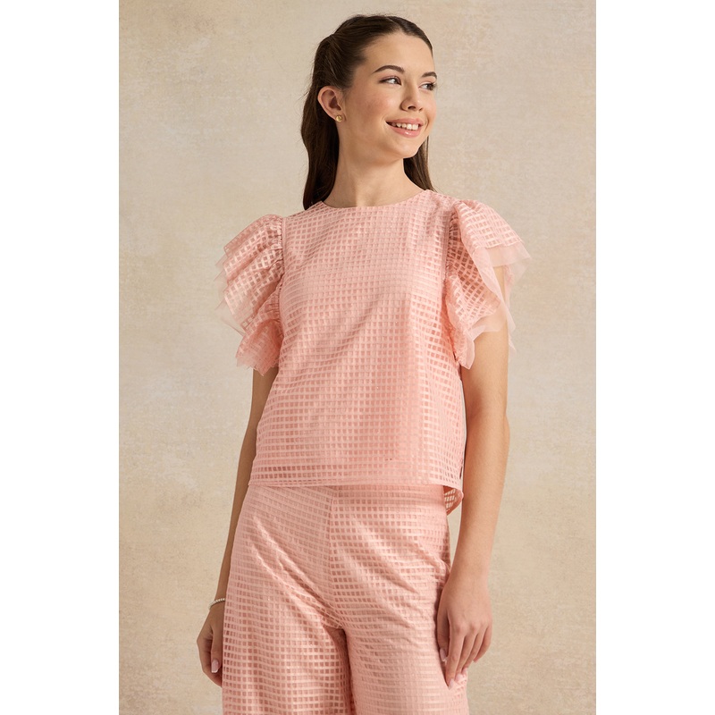 Senior Girls Pink Jacquard Ruffled Sleeve Top