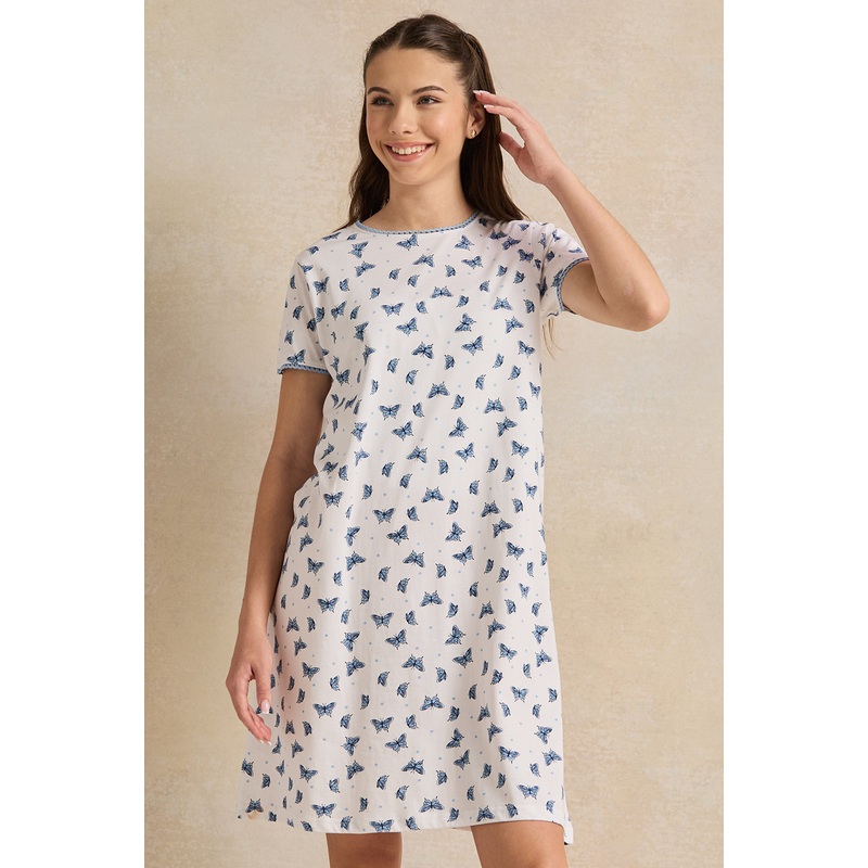Senior Girls White Butterfly Printed Nightdress