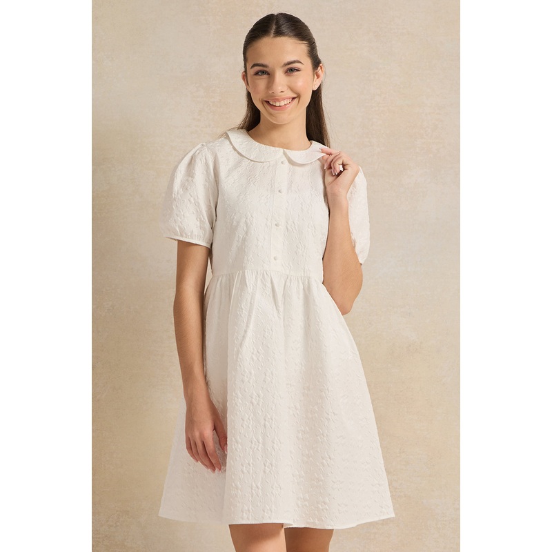 Senior Girls White Dobby Peter Pan Collar Dress