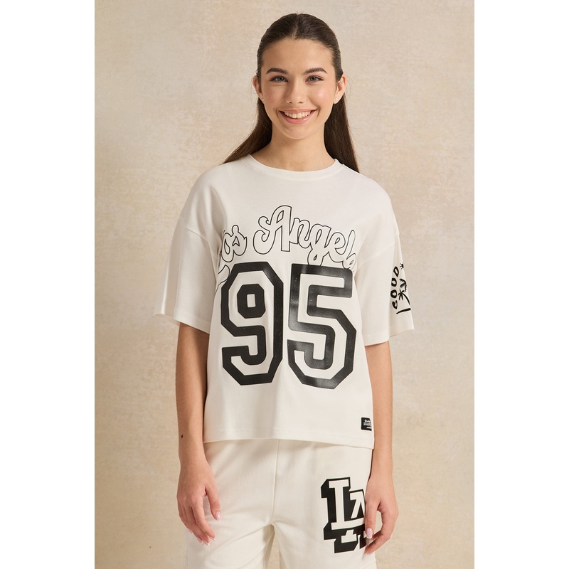 Senior Girls White Oversized Printed T-Shirt