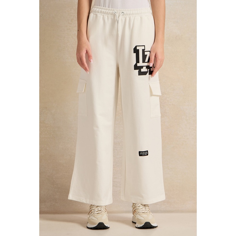 Senior Girls White Printed Cargo Pocket Wide Leg Pants