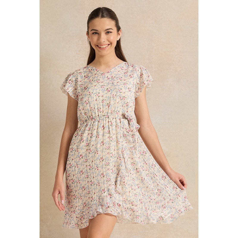 Senior Girls White Printed Chiffon Dress