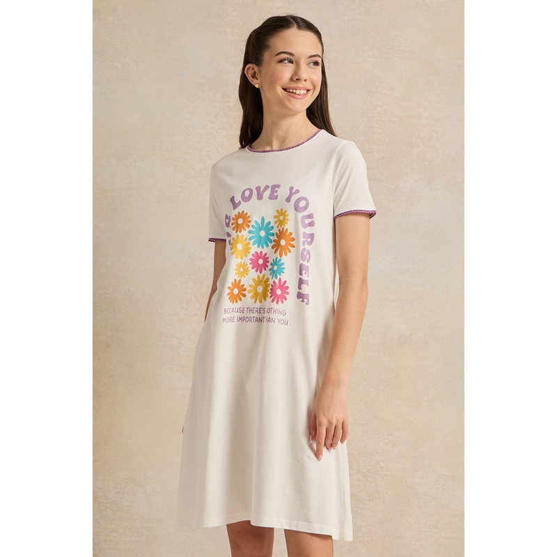 Senior Girls White Printed Nightdress