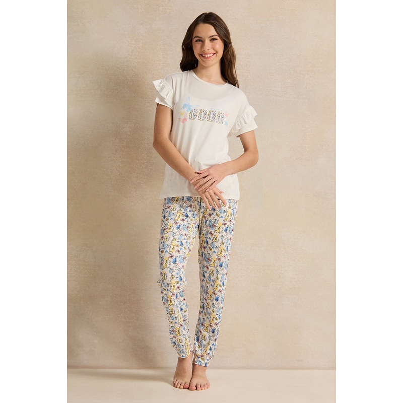 Senior Girls White Printed Pajama Set (2 Piece)