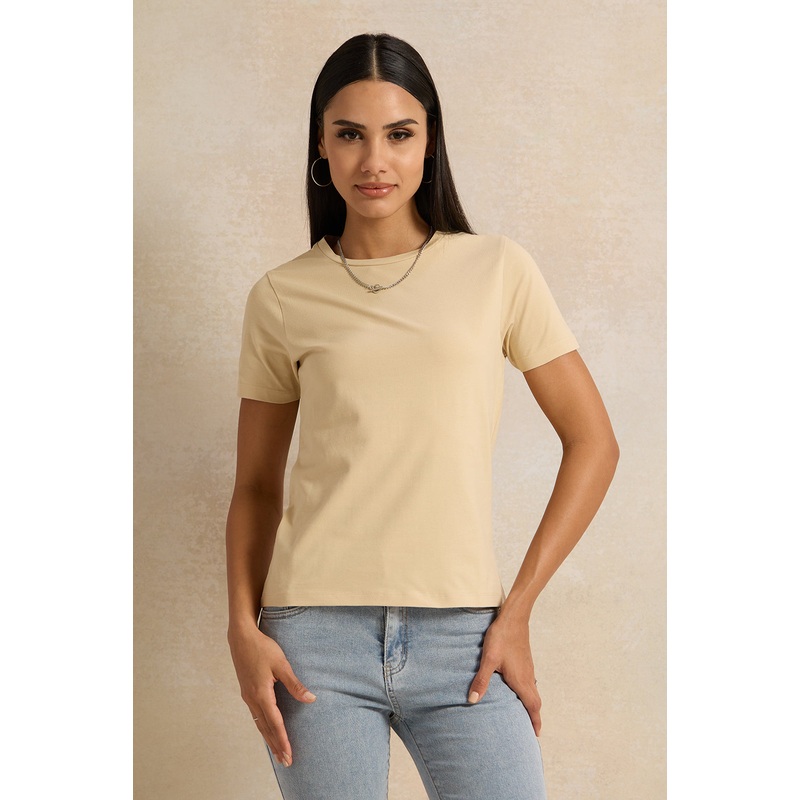 Women Beige Round Neck T-Shirt