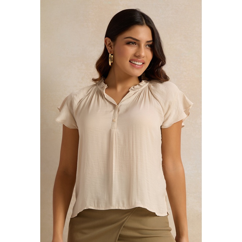 Women Beige Ruffle Sleeve Satin Top