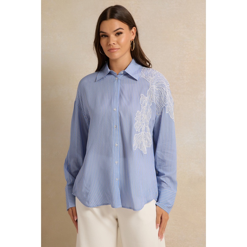 Women Blue Lace Patch Striped Shirt
