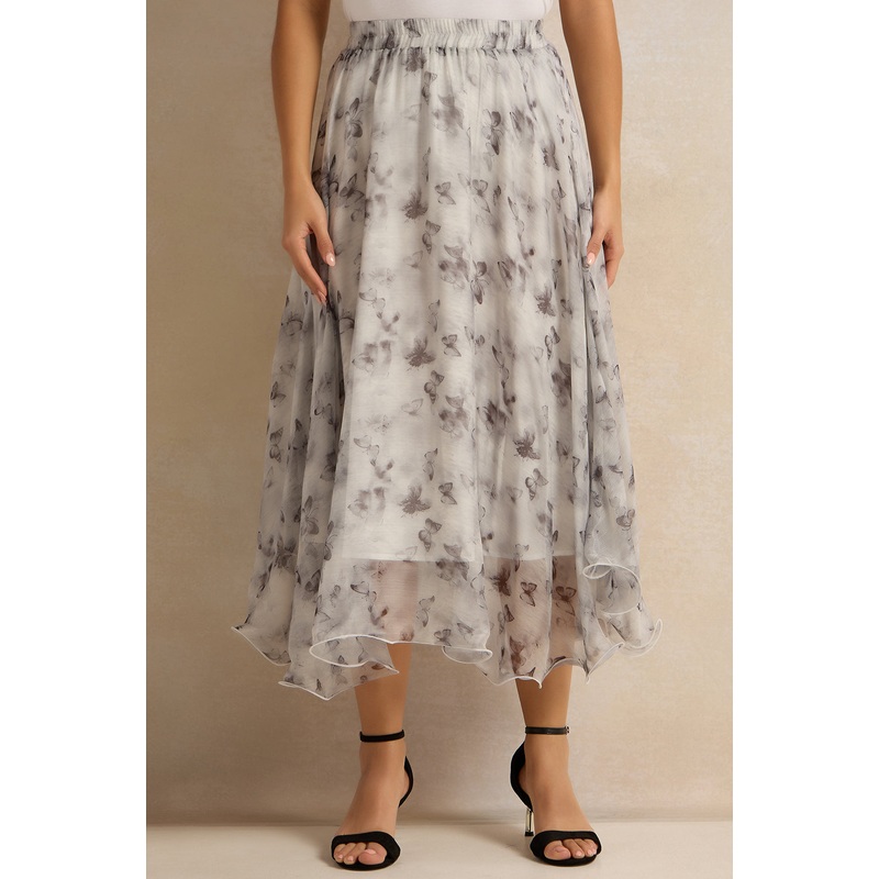 Women Grey Organza Printed Skirt
