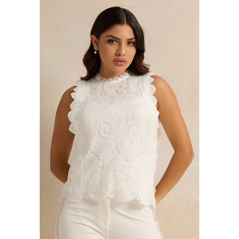 Women White Lace Embossed Blouse