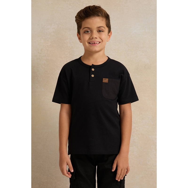 Boys Black Henley T-Shirt|2-3 Years|3-4 Years|4-5 Years|5-6 Years|6-7 Years|7-8 Years