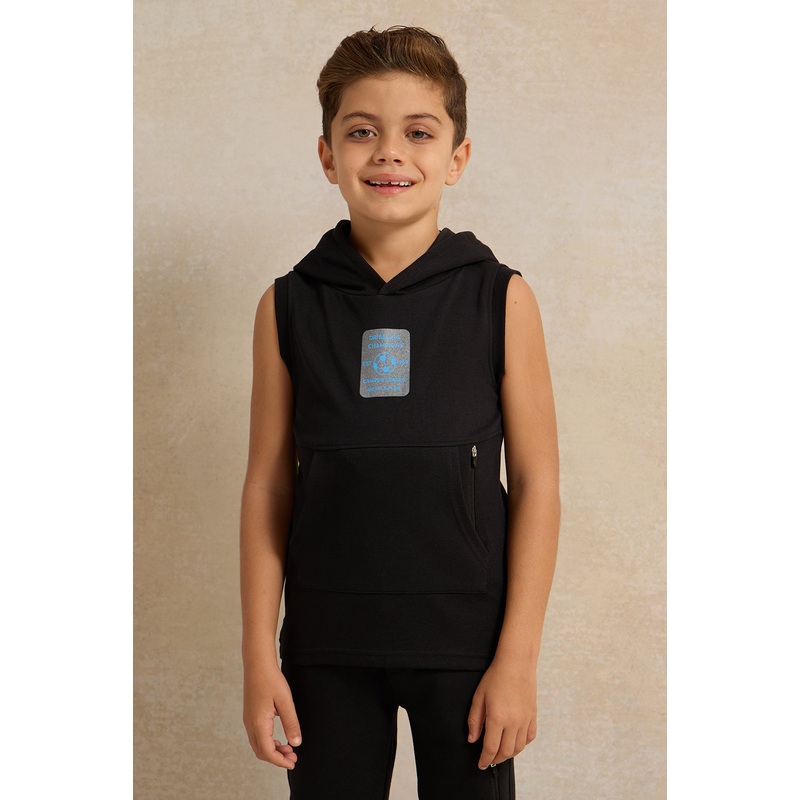 Boys Black Sleeve Less Hooded T-shirt