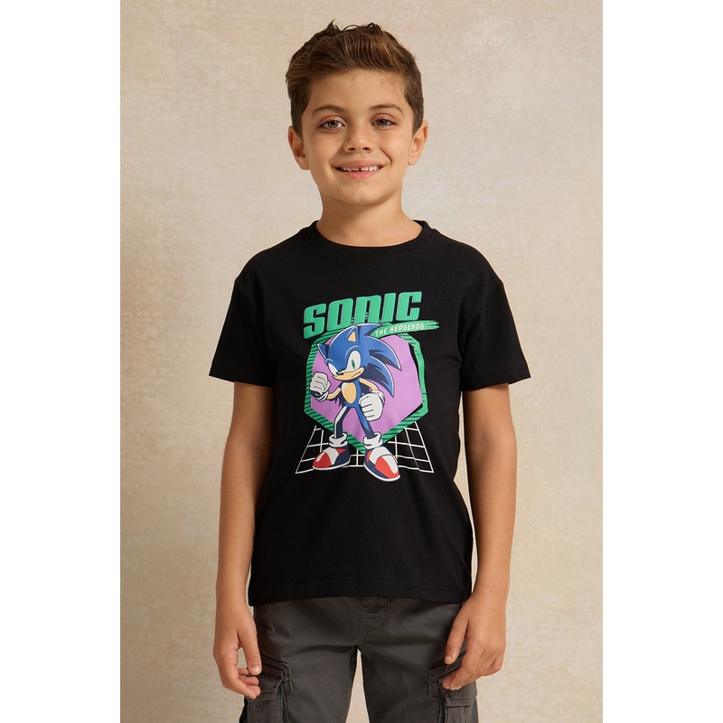 Boys Black Sonic Character Printed Tshirt