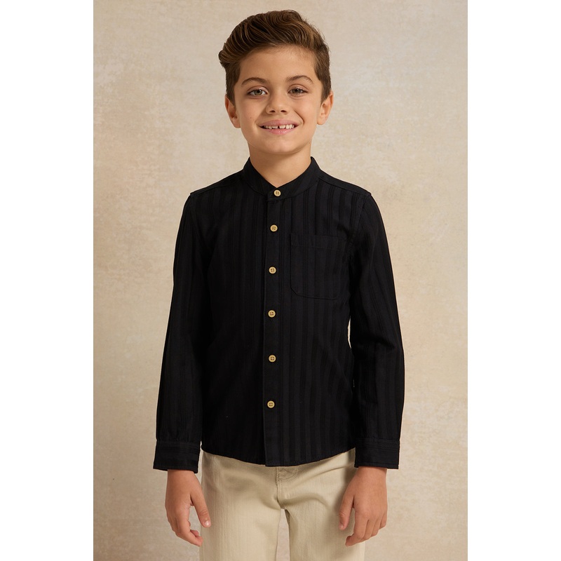 Boys Black Striped Mandarin Collar Shirt