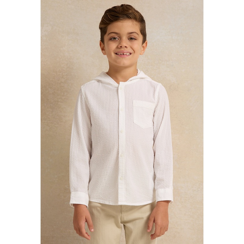 Boys White Jacquard Hooded Shirt