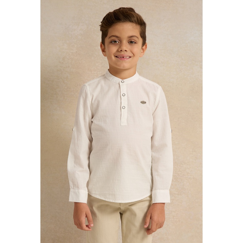 Boys White Mandarin Collar Jacquard Shirt