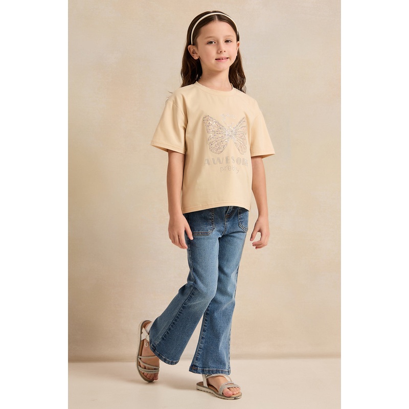 Girls Beige Butterfly Stone Embellishment  T-Shirt