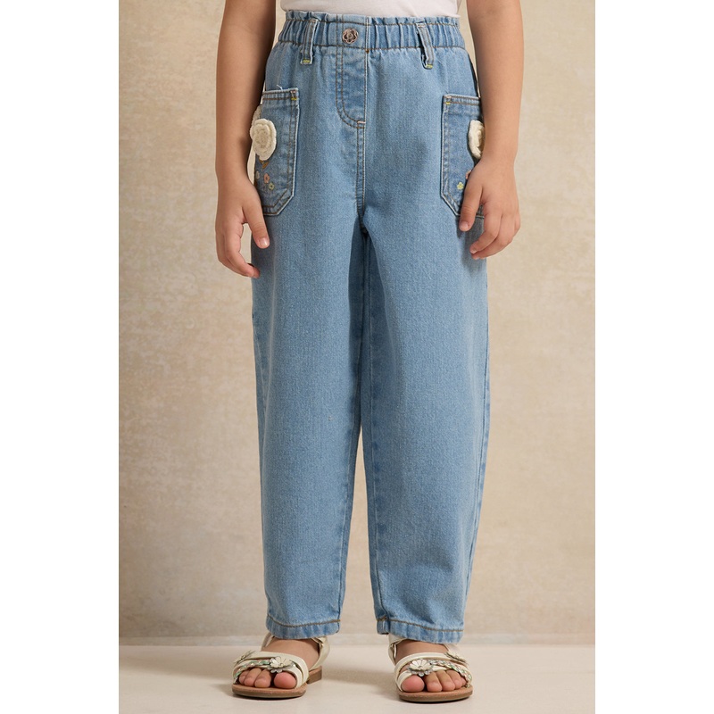 Girls Blue Embroidered Wide Leg Jeans