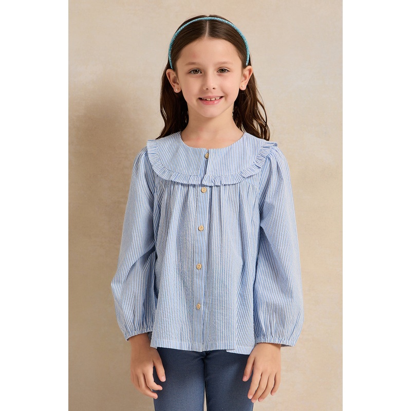 Girls Blue Seersucker Button Front Blouse