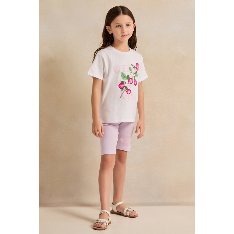 Girls White  And Lilac Embellished Casual Set (2 Piece)