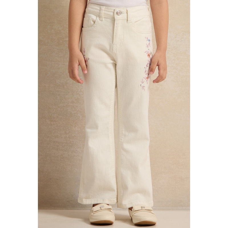 Girls White Embroidered Flared Trousers