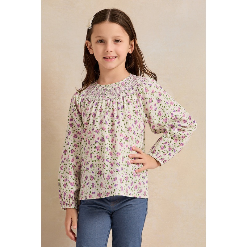 Girls White Floral Cambric Blouse