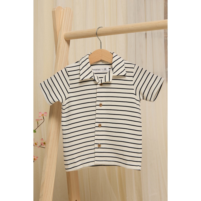 Infant Boys White And Navy Striped Jacquard Shirt