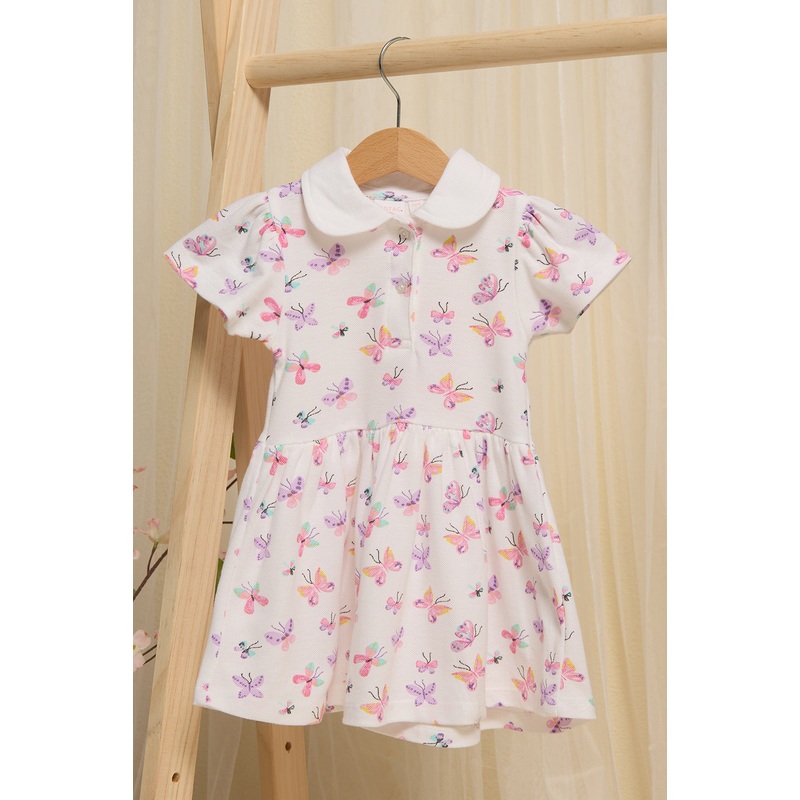 Infant Girls Ivory  With Butterfly Print Pique  Dress